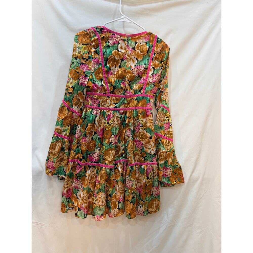 NWT Nasty Gal Floral Bell Sleeve Mini Dress Mustard Pink Velvet Trim Boho Size 2 - Picture 3 of 8